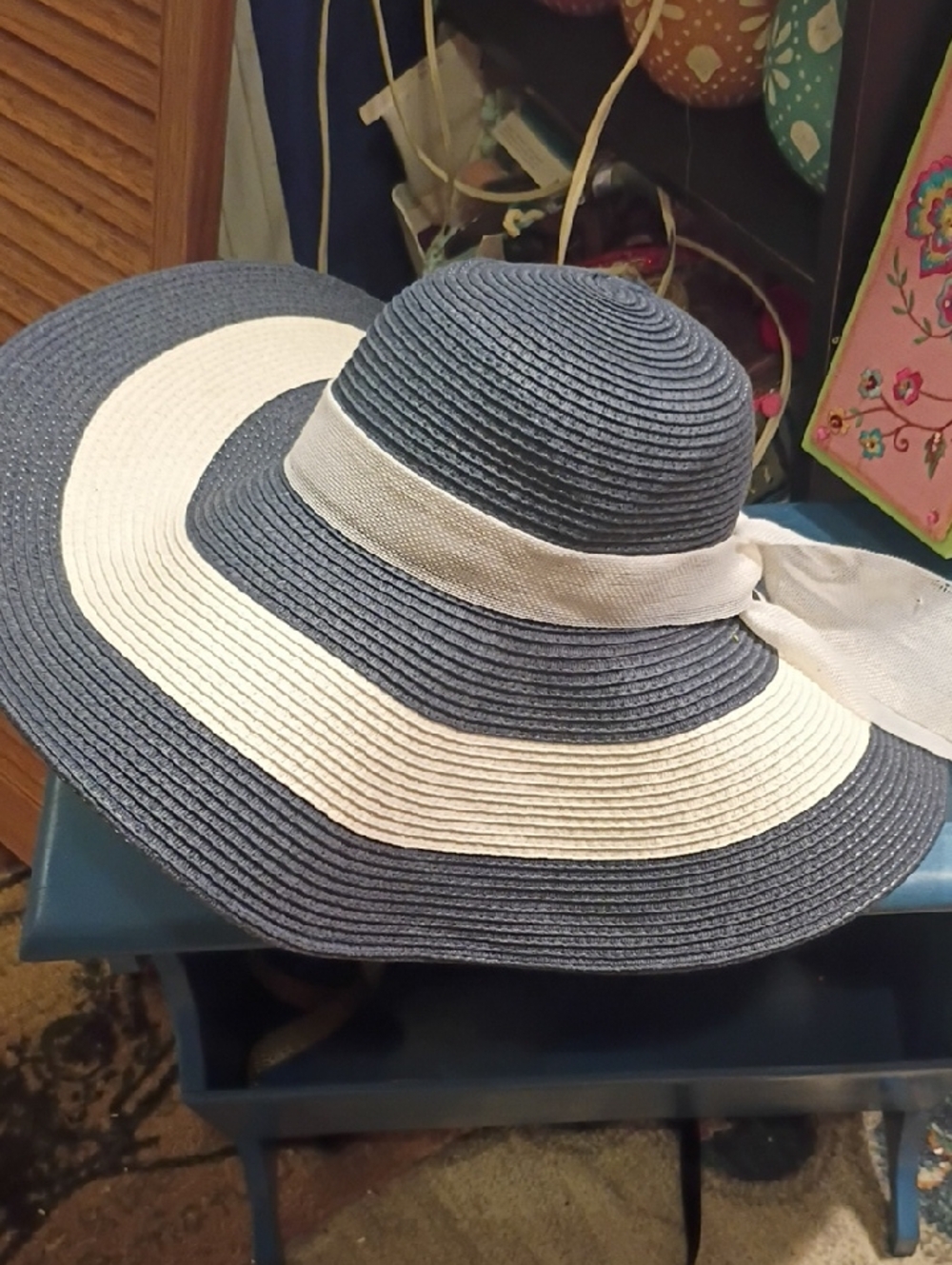 Wide-Brim Straw Sun Hat with Navy and White Stripes